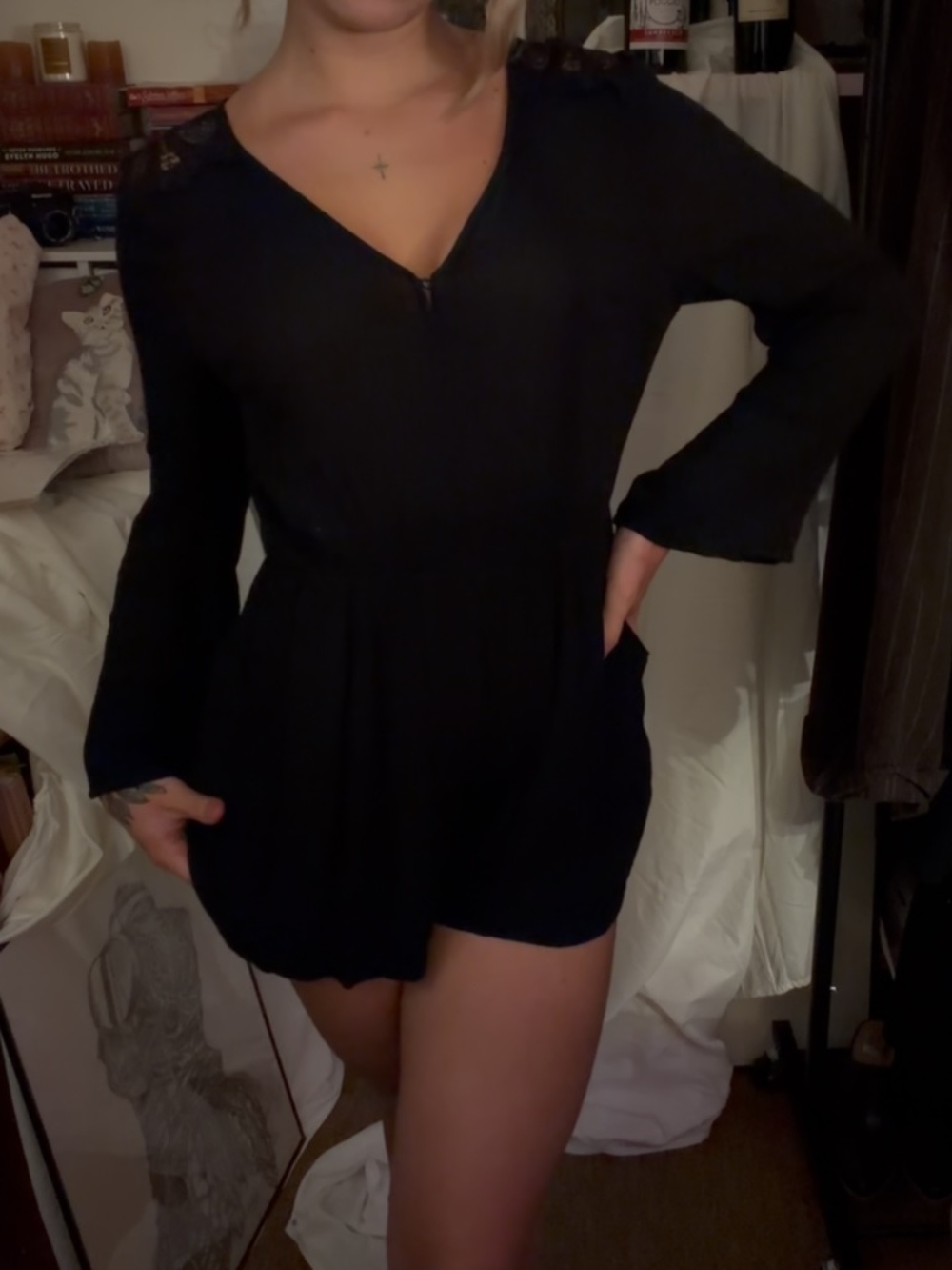 black lacy romper with pockets